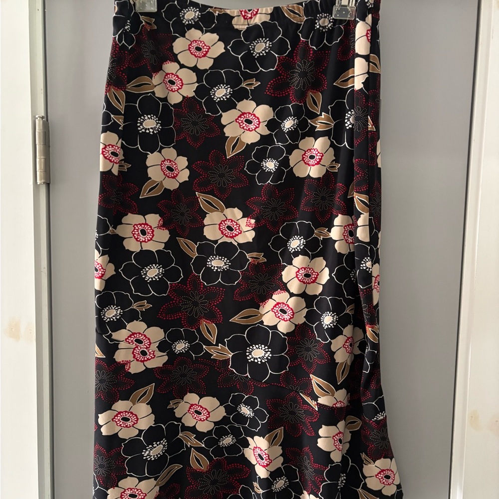 George Black Floral Maxi Skirt with Cream and Red Accents
